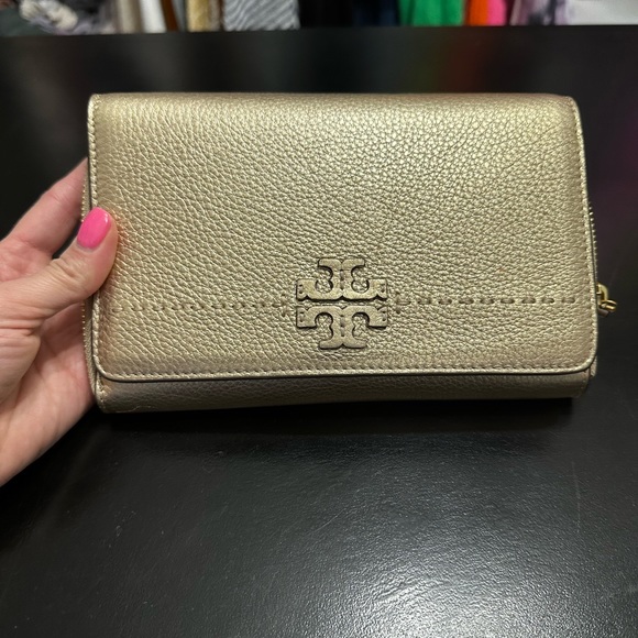 Tory Burch McGraw Gold Metallic flat wallet clutch and crossbody